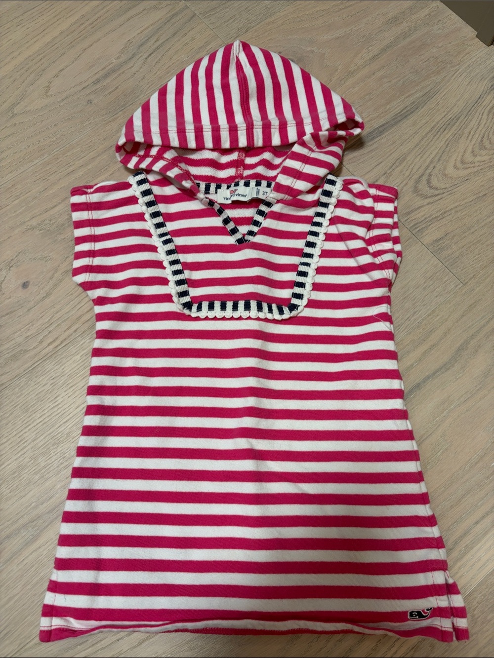 Vineyard Vines Pink and White Striped Girls Sweater with Navy Trim
